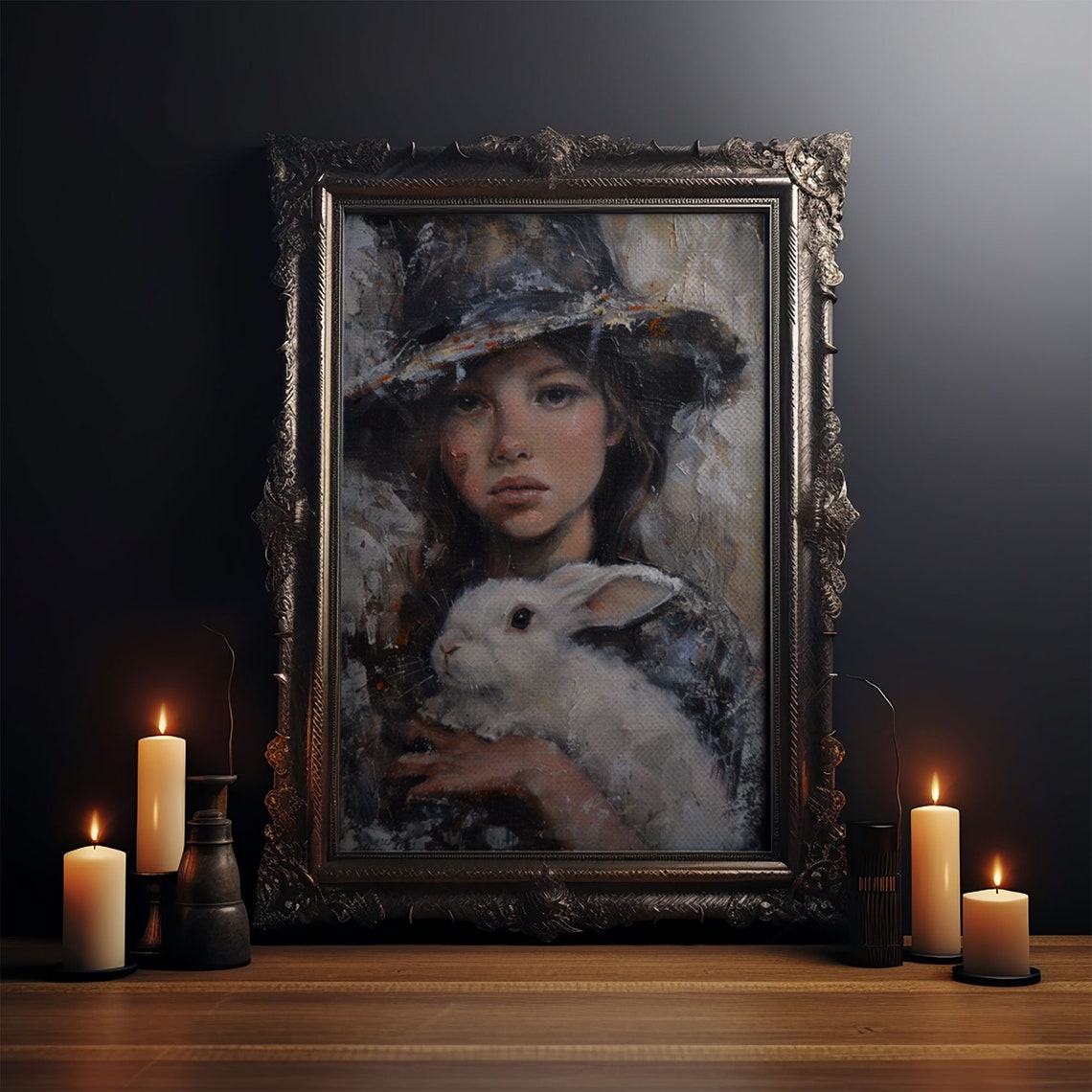 Young Witch Holding White Rabbit Painterly Dark Fantasy Art Poster - Image 4