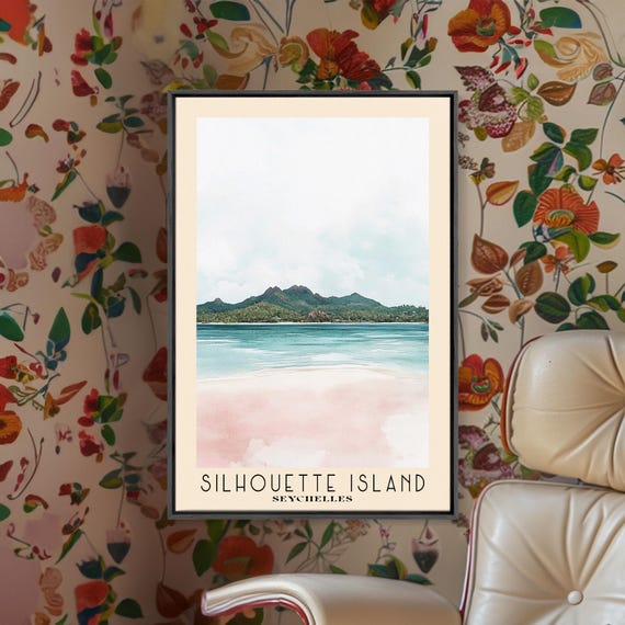 Silhouette Island Seychelles Watercolor Print Vacation Gift Wall Art Beach Painting Beach Decor Large Wall Art Wood Frame Art