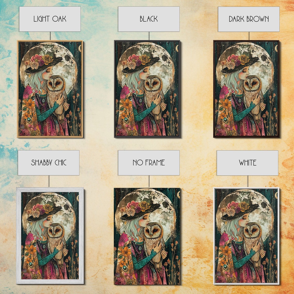 Witch Hugging Barn Owl Under Full Moon Floral Hat Illustration Poster - Image 3