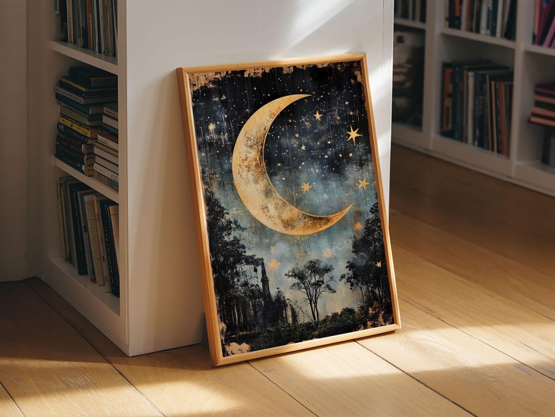 Golden Crescent Moon Stars Mystical Night Forest Sky Art Print - Image 4