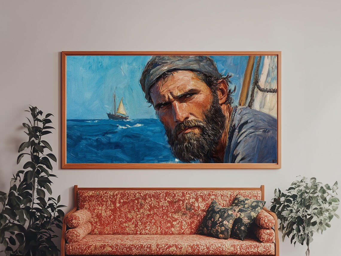 Bearded Fisherman Portrait Oil Painting Sea Captain with Sailboat Wall Art - Image 2