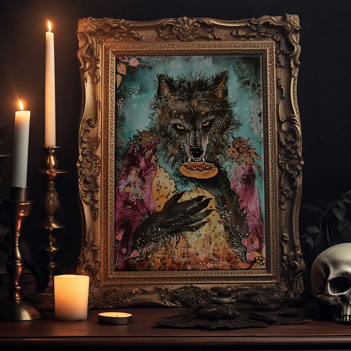 Werewolf Holding Hotdog Floral Dress Funny Halloween Art Poster - Image 6