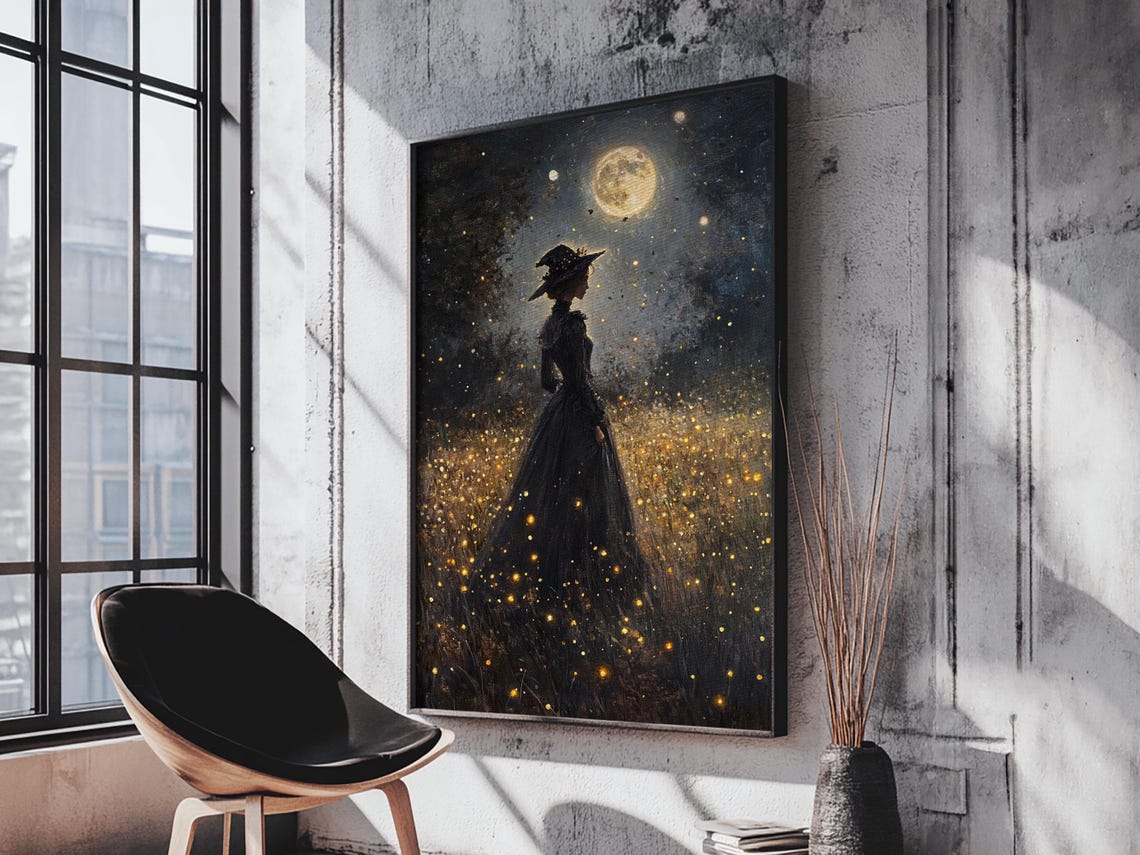 Witch Under Full Moon Firefly Field Dark Night Gothic Fantasy Wall Art - Image 6