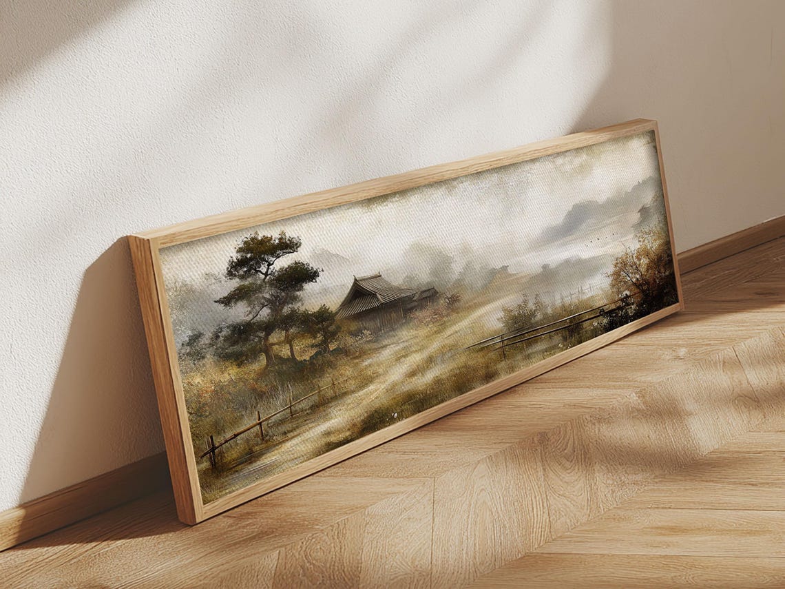 Misty Japanese Countryside Hut Pine Tree Panoramic Landscape Print