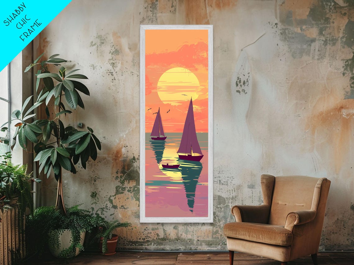 Sailing Boats Orange Sunset Golden Sun Seascape Ukiyo E Poster - Image 3