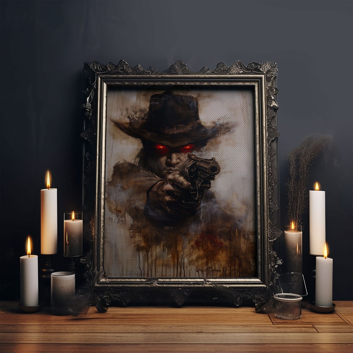 Haunting Cowboy Red Eyes Revolver Dark Western Gothic Art Poster - Image 6