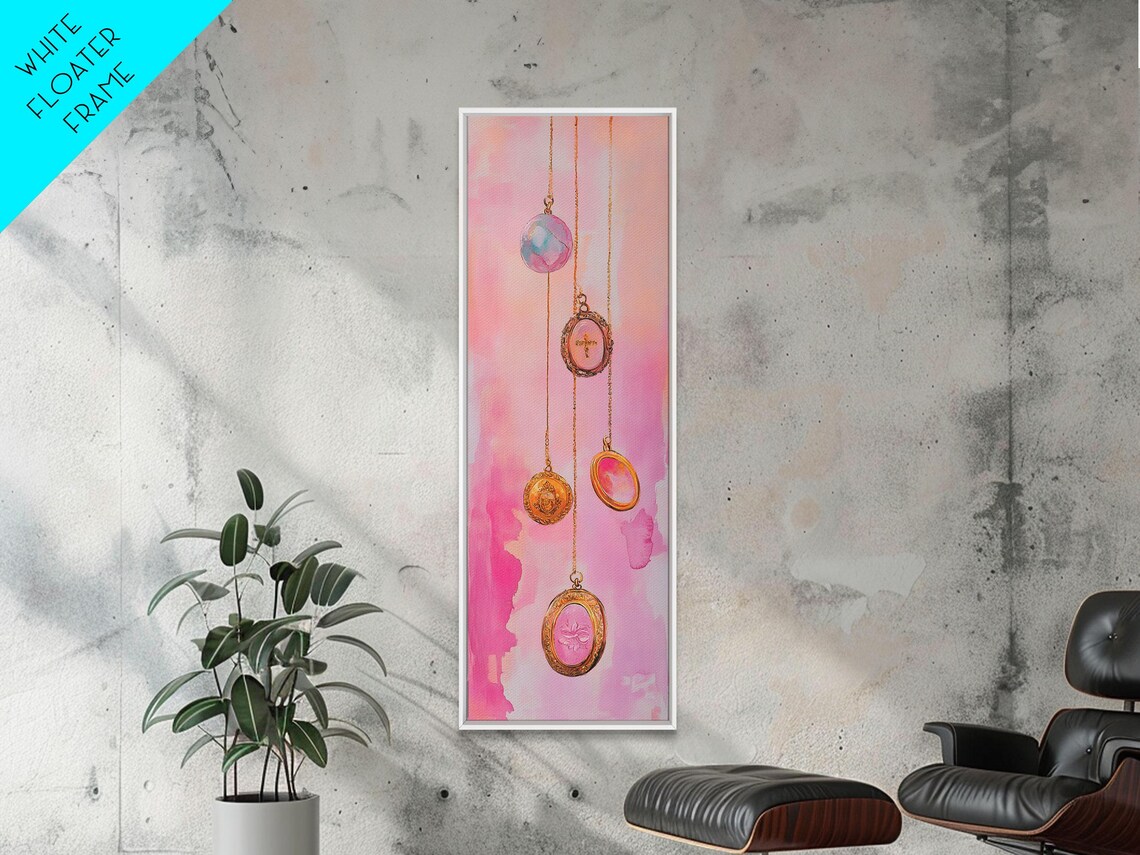 Pink Gemstone Pendant Necklaces Watercolor Gold Chains Vertical Art Poster - Image 5