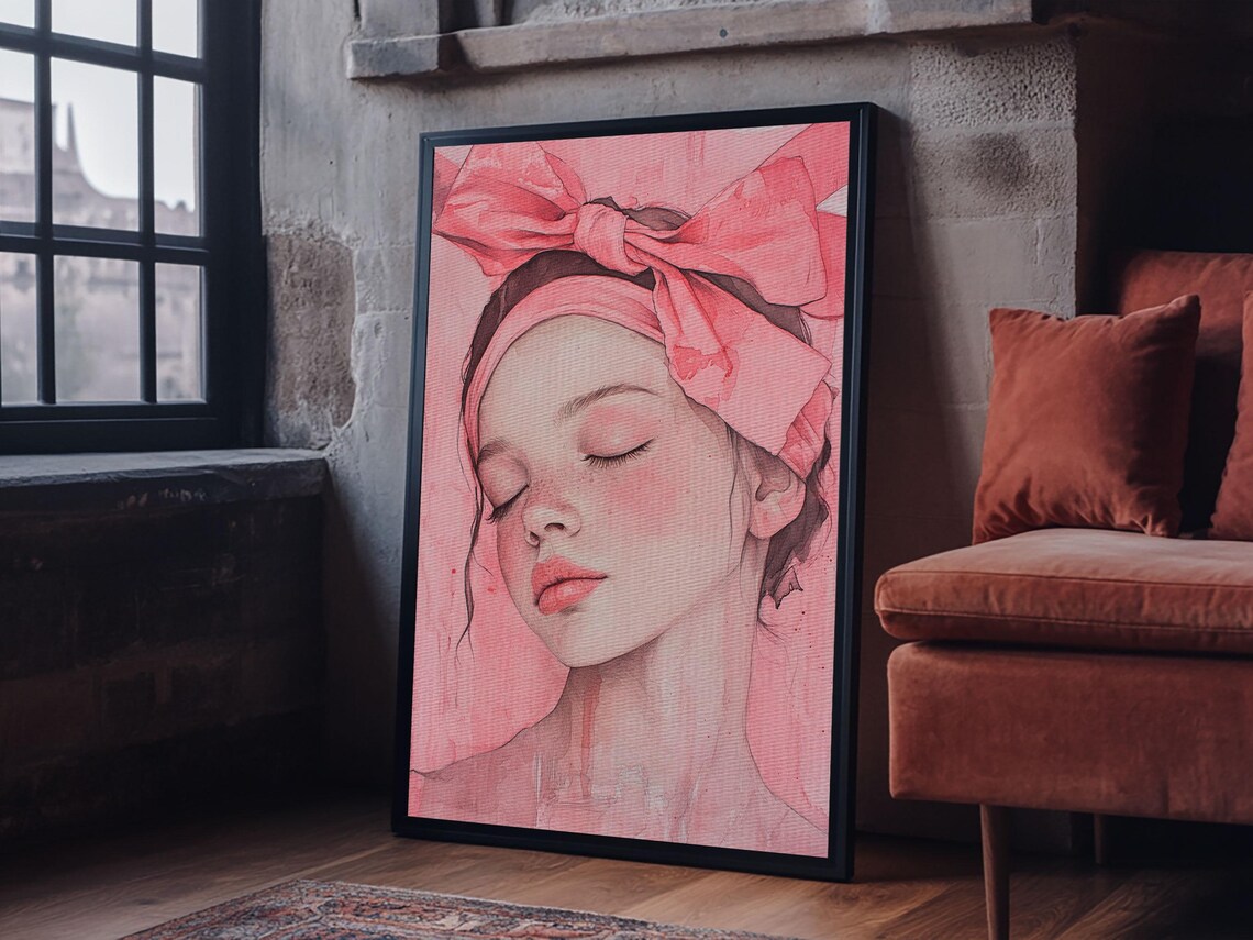Pink Bow Girl Portrait Watercolor Dreamy Feminine Blush Wall Poster - Image 4