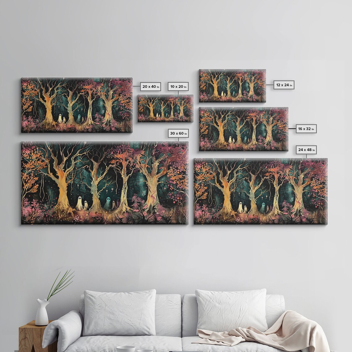Spooky Ghosts Autumn Trees Glowing Night Forest Pink Foliage Halloween Print - Image 2