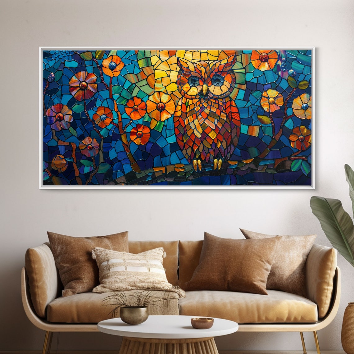 Stained Glass Owl Orange Branch Mosaic Blue Night Blooms Art Poster