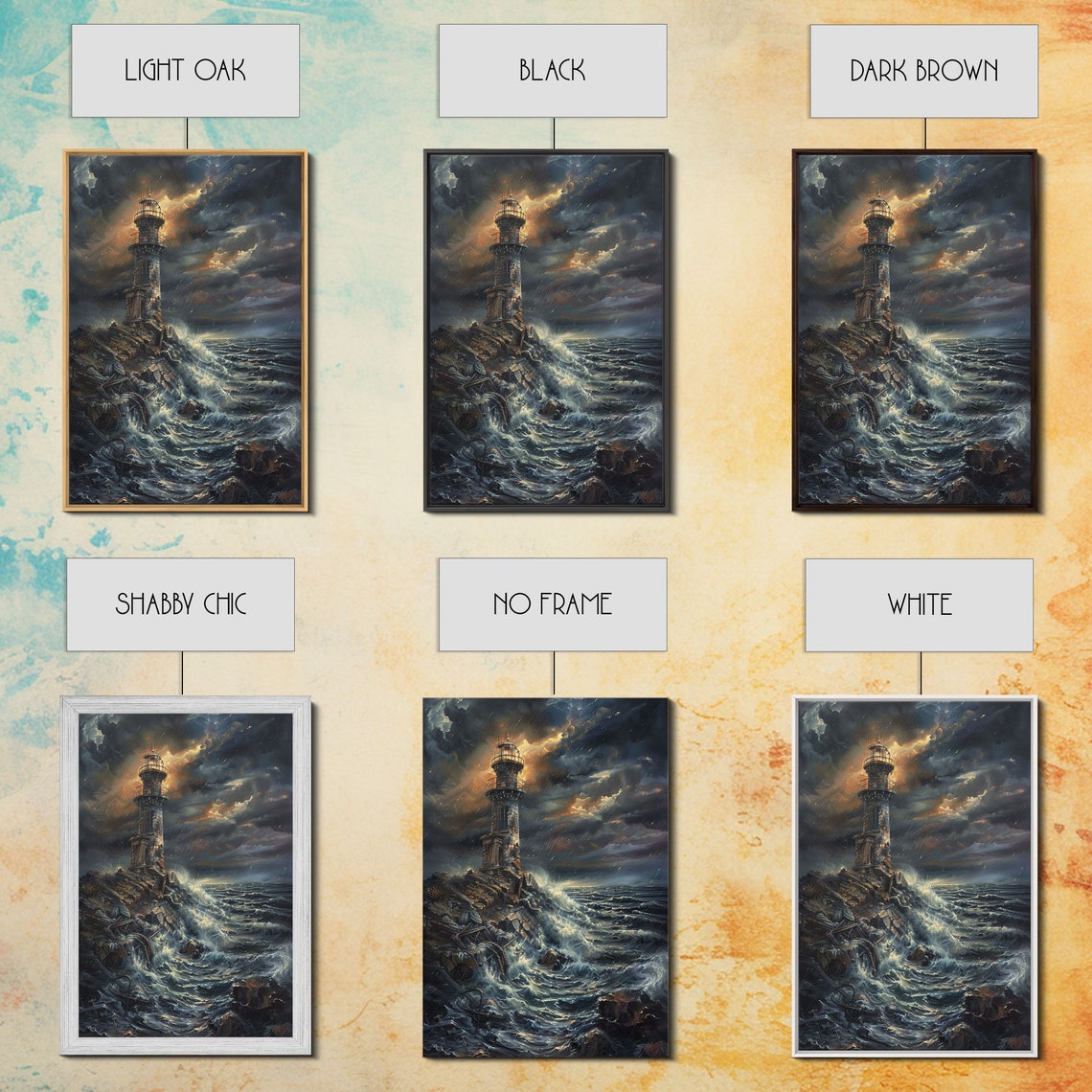 Eerie Lighthouse Castle Stormy Cliff Night Waves Horror Art Poster - Image 3