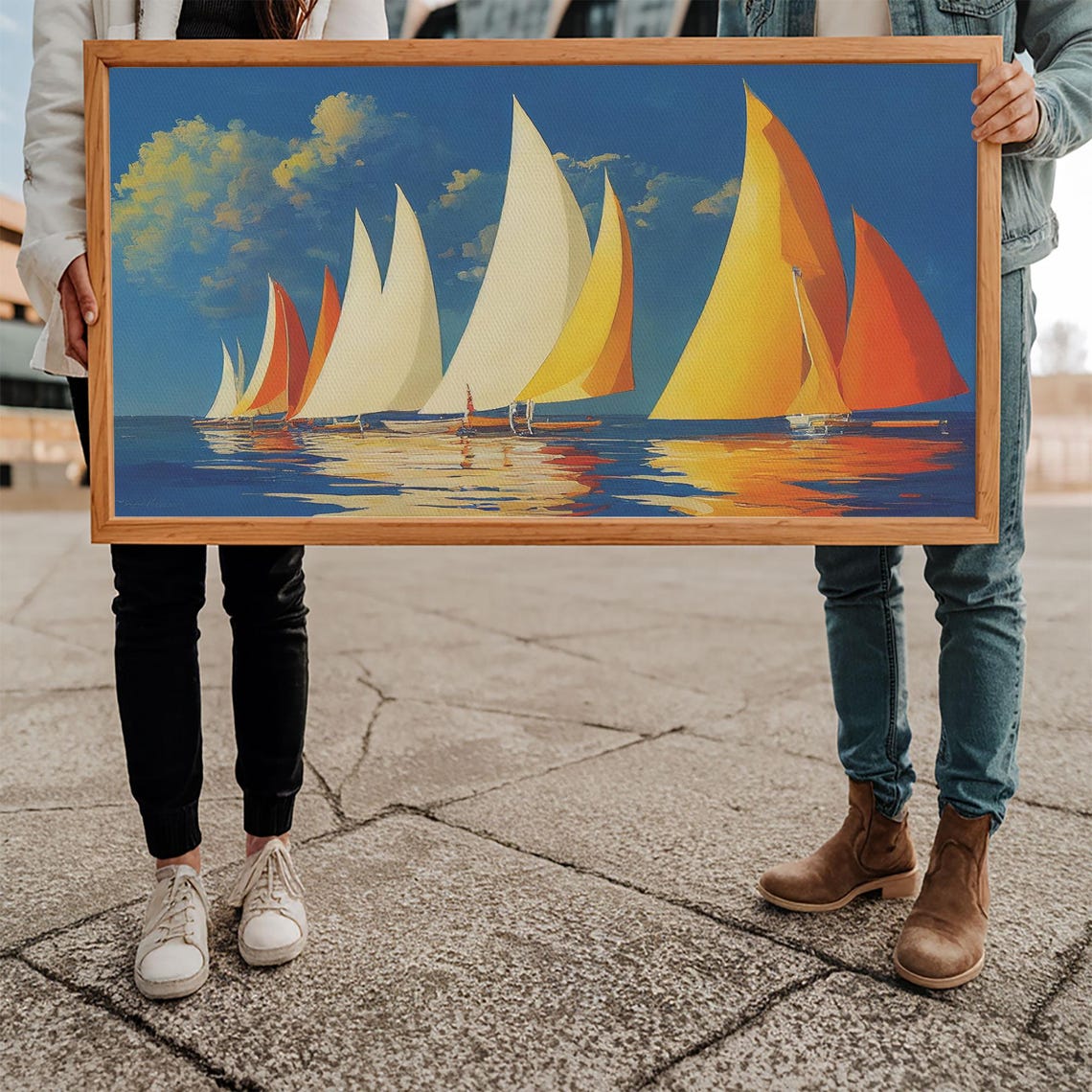 Art Deco Sailboats Orange Sails Racing On Deep Blue Sea Regatta Poster - Image 5