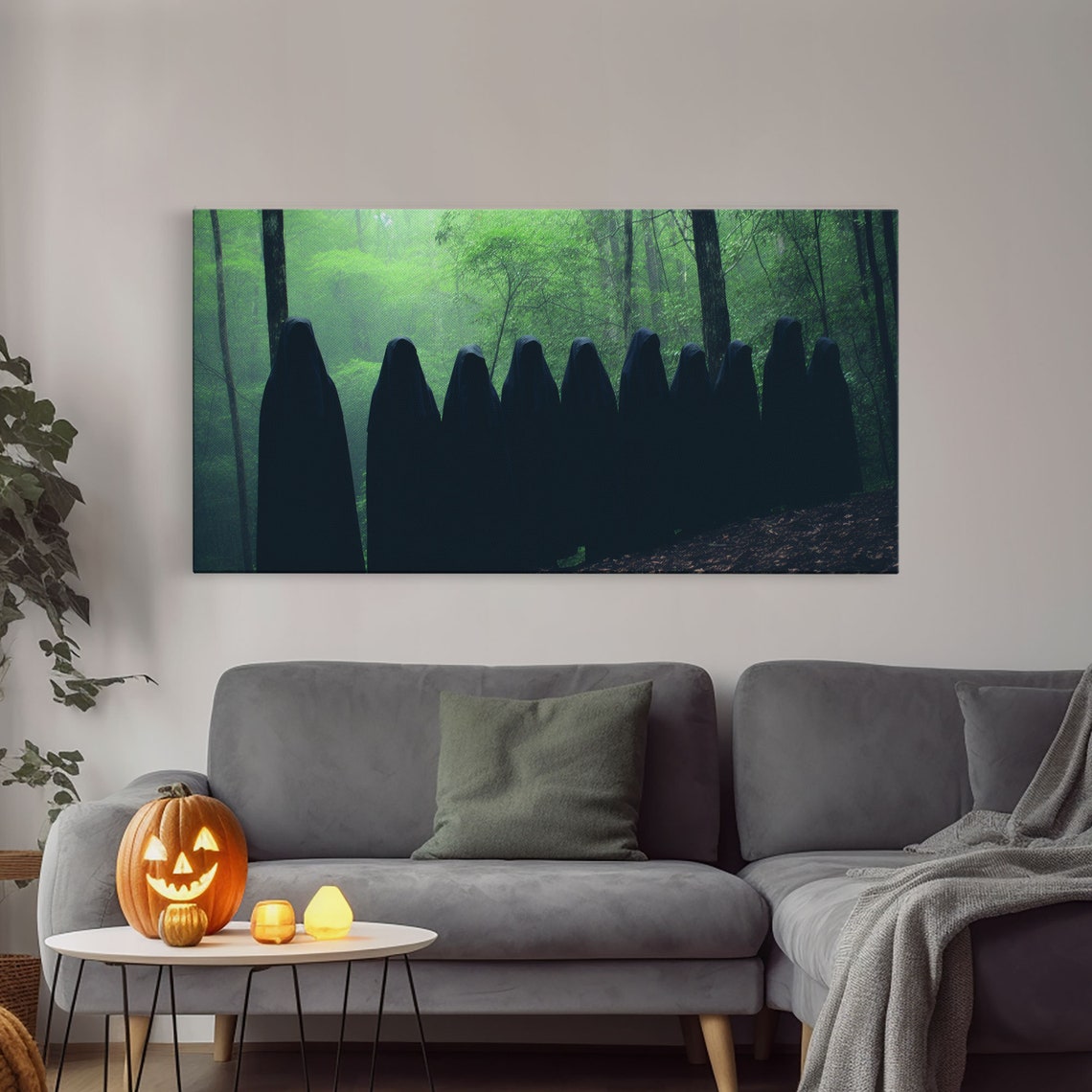 Hooded Cult Silhouettes In Misty Green Forest Panoramic Print - Image 3