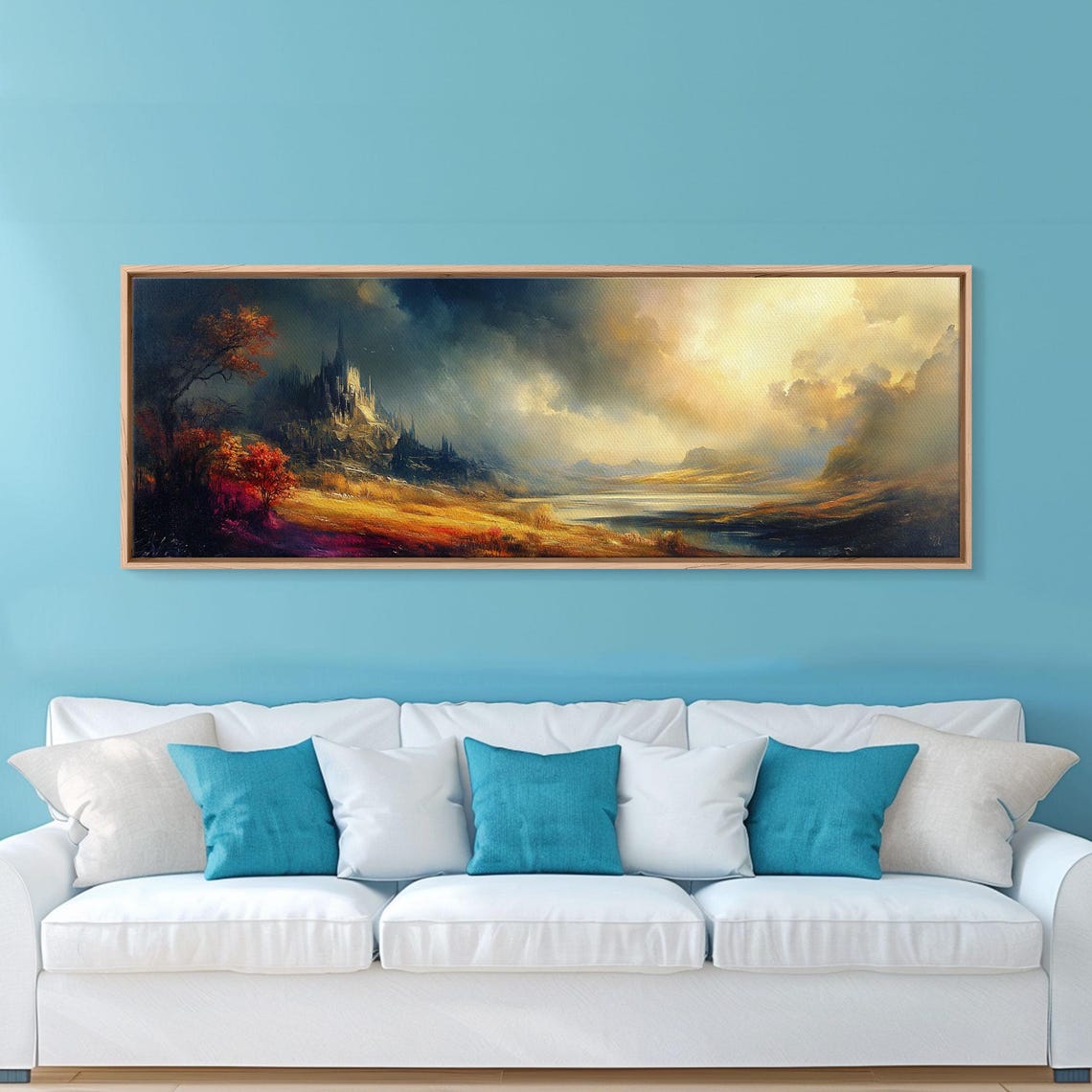 Dark Fantasy Castle On Cliff Golden Storm Clouds Valley Poster - Image 6