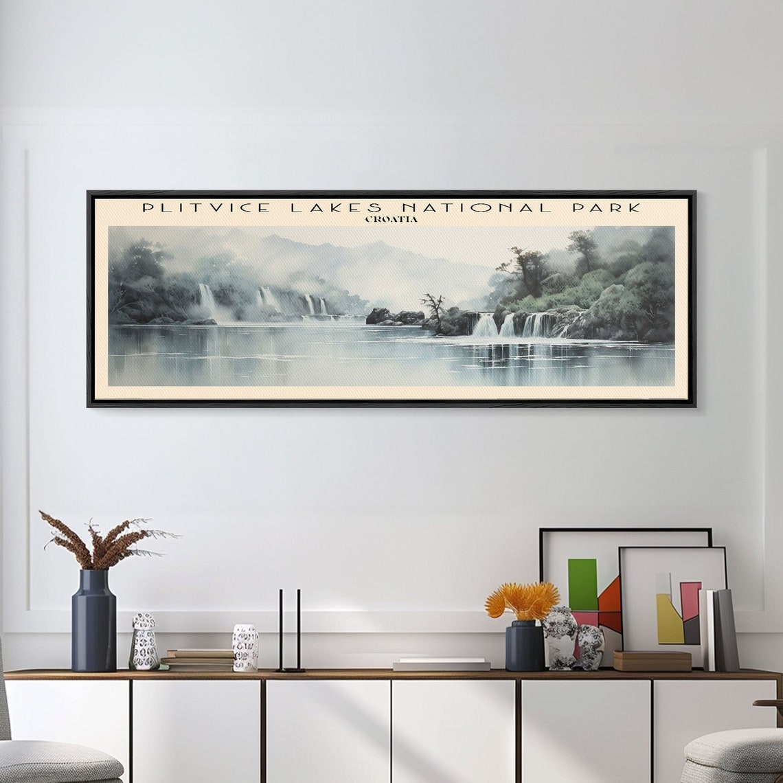Plitvice Lakes Croatia Waterfalls Misty Lake Panoramic Travel Poster - Image 5