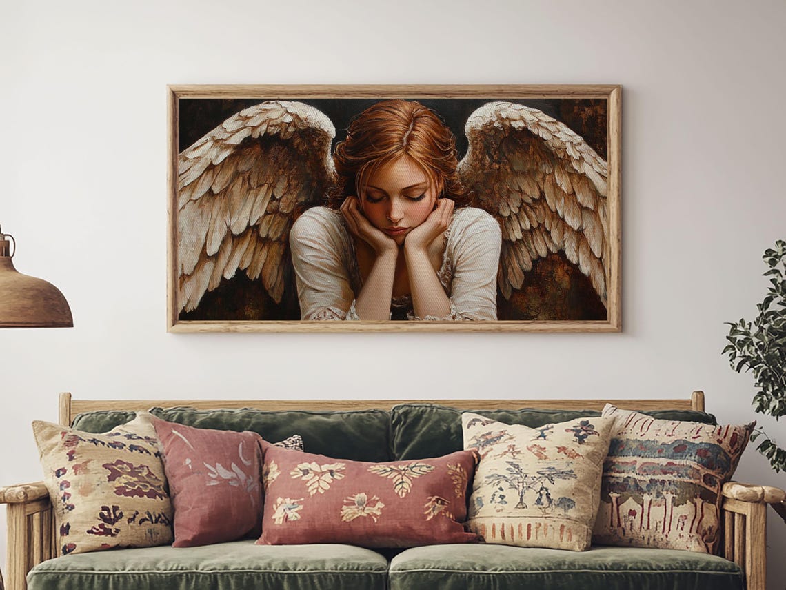 Pensive Angel Golden Feathered Wings Moody Renaissance Art Poster - Image 4