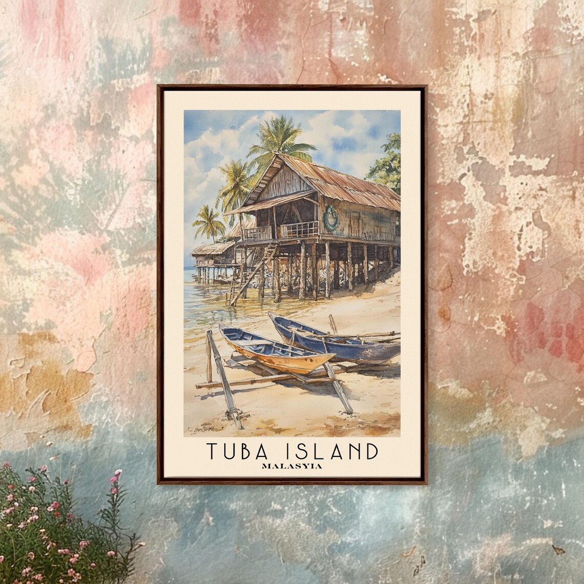 Tuba Island Malaysia Stilt Fishing Huts Wooden Boats Palm Trees Poster - Image 4