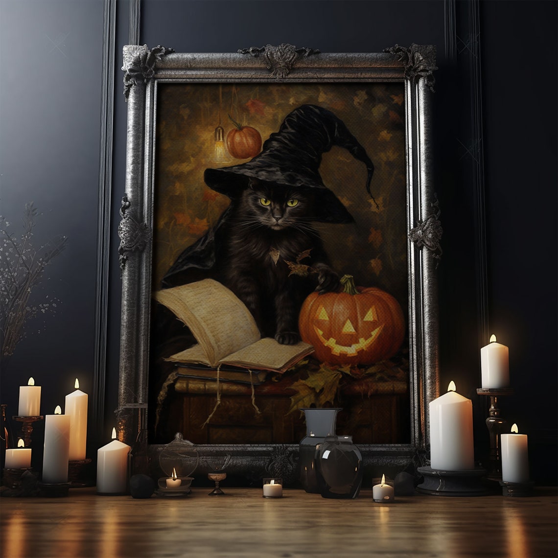 Black Cat In Witch Hat With Spell Book And Jack O Lantern Poster - Image 3
