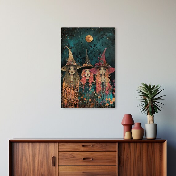 Spring Witches Coven Trio Full Moon Wildflowers Cottagecore Poster