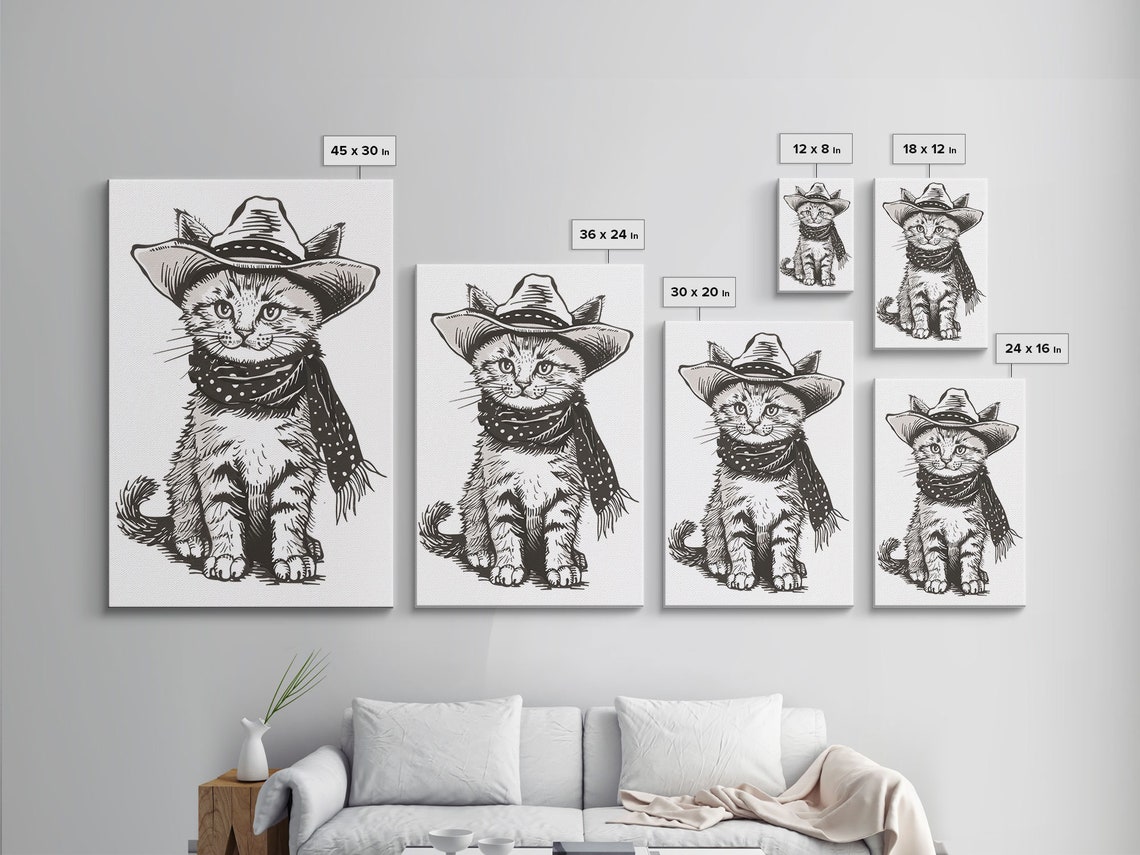 Cute Cowboy Kitten Polka Dot Bandana Vintage Sketch Wall Art Poster - Image 2
