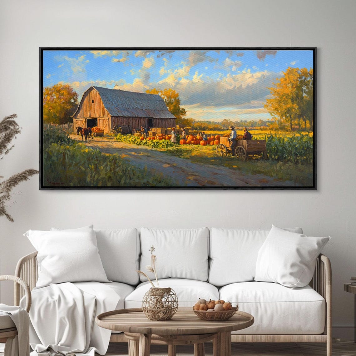 Autumn Barn Pumpkin Harvest Scene Horse Wagon Golden Fields Fall Print