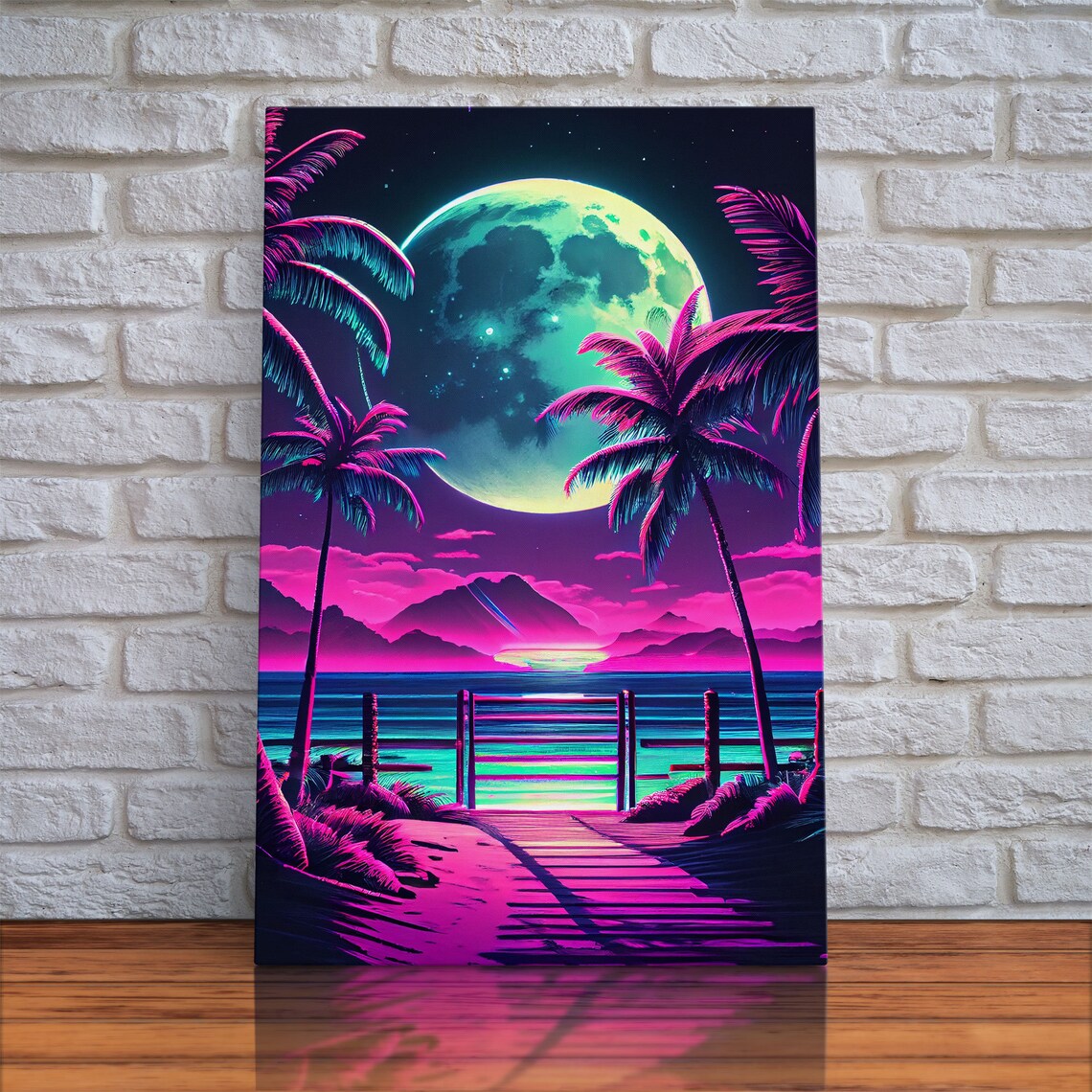 Full Moon Over A Florida Beach, Palm Trees Outrun Style - Image 5