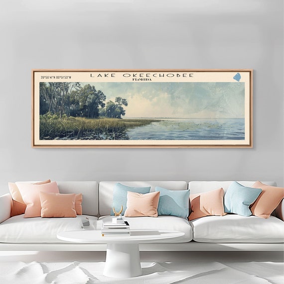 Lake Keechobee Framed Print Lake House Decor Panoramic Wall Art Travel Poster Serene Lake Painting Nature Art