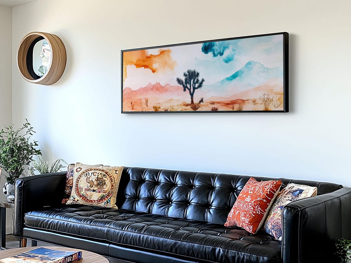 Joshua Tree Desert Watercolor Pink Mountains Panoramic Painting Poster - Image 2