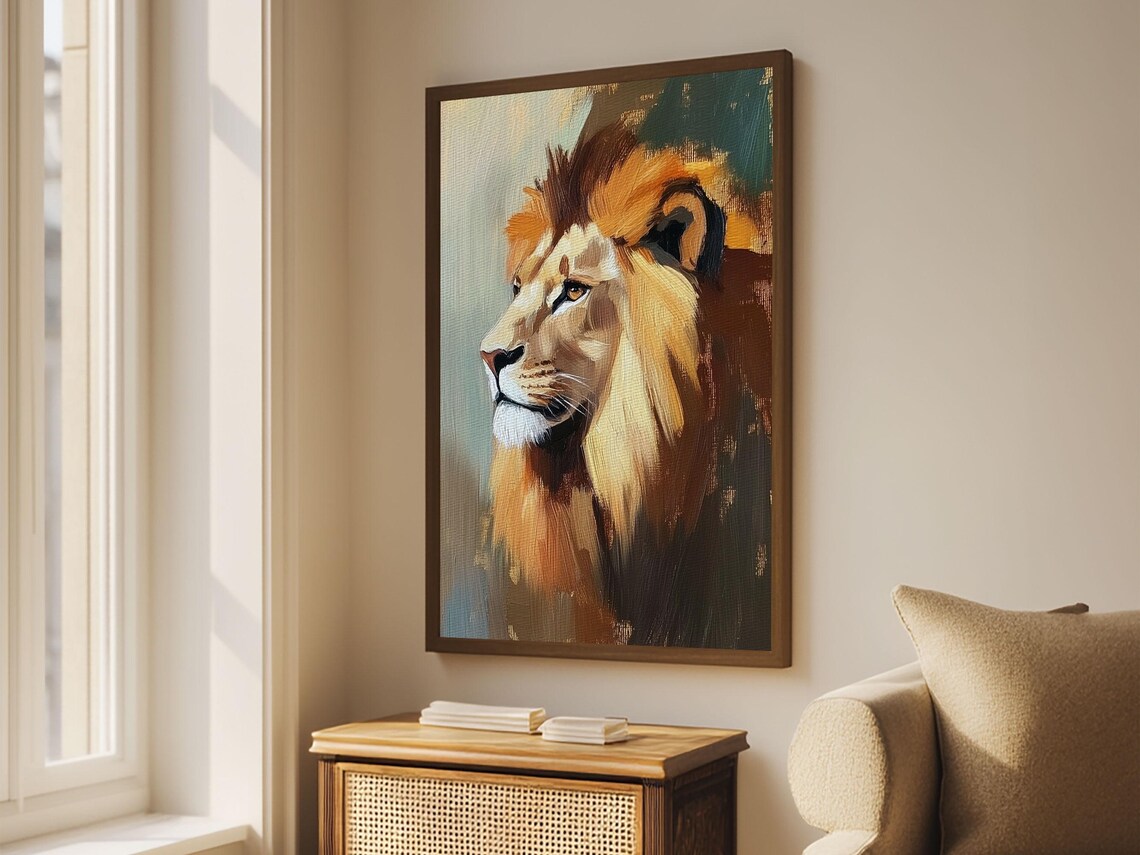 Golden Lion Profile Oil Painting Majestic Wild Animal Portrait Poster