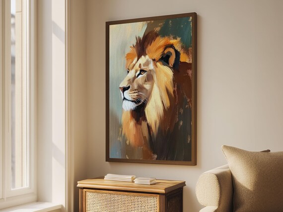 Golden Lion Profile Oil Painting Majestic Wild Animal Portrait Poster