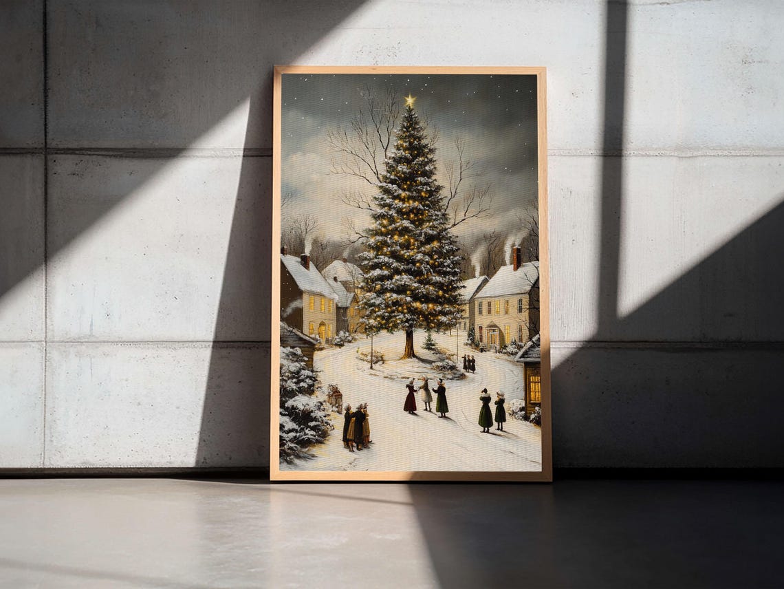 Snowy Christmas Village With Lit Tree Night Scene Holiday Art Poster - Image 2