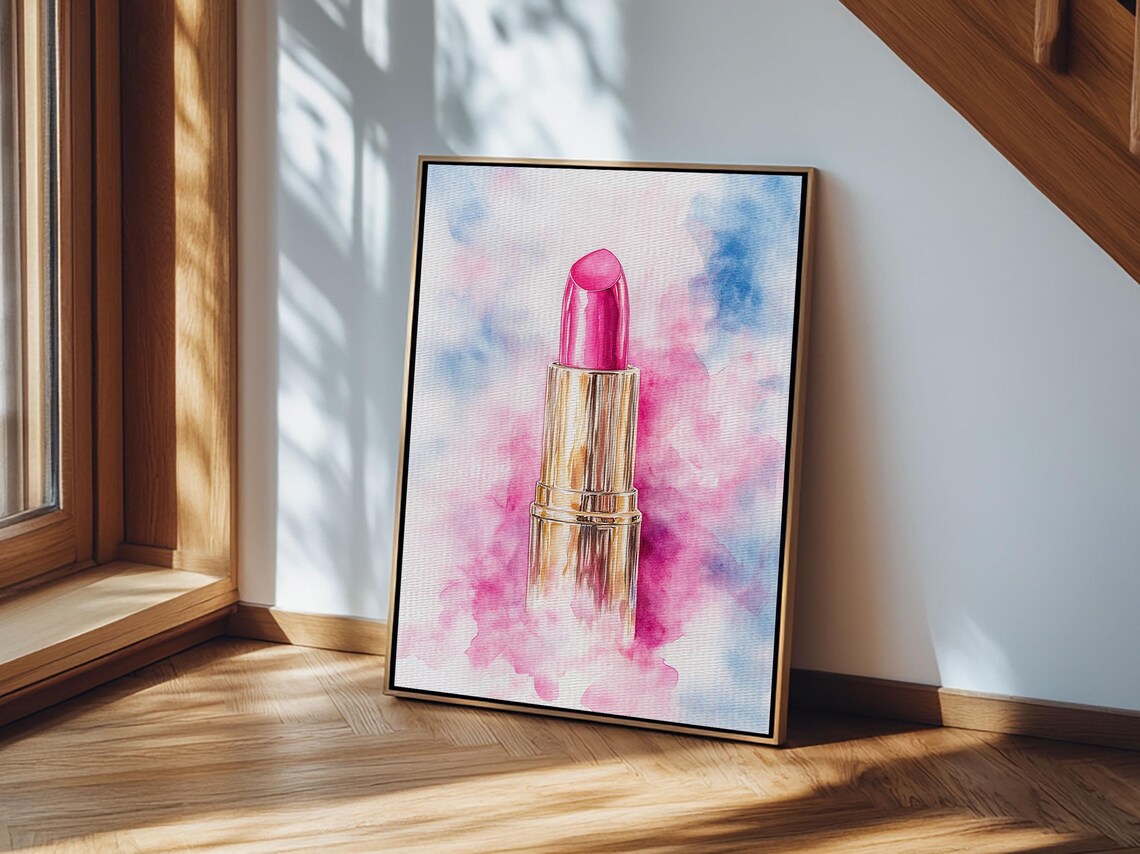 Pink Lipstick Watercolor Art Print Makeup Beauty Glam Wall Decor Poster