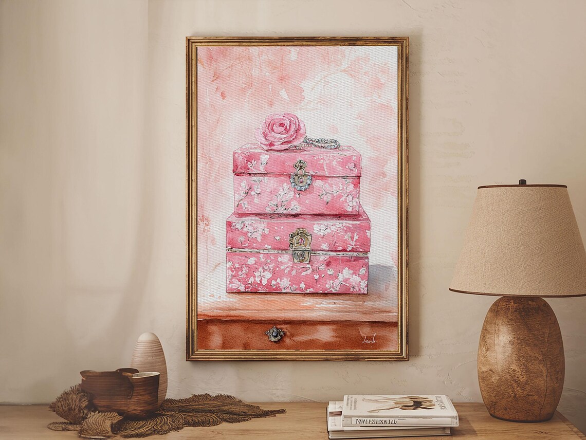 Pink Floral Jewelry Boxes Watercolor Vanity Bedroom Art Print - Image 6
