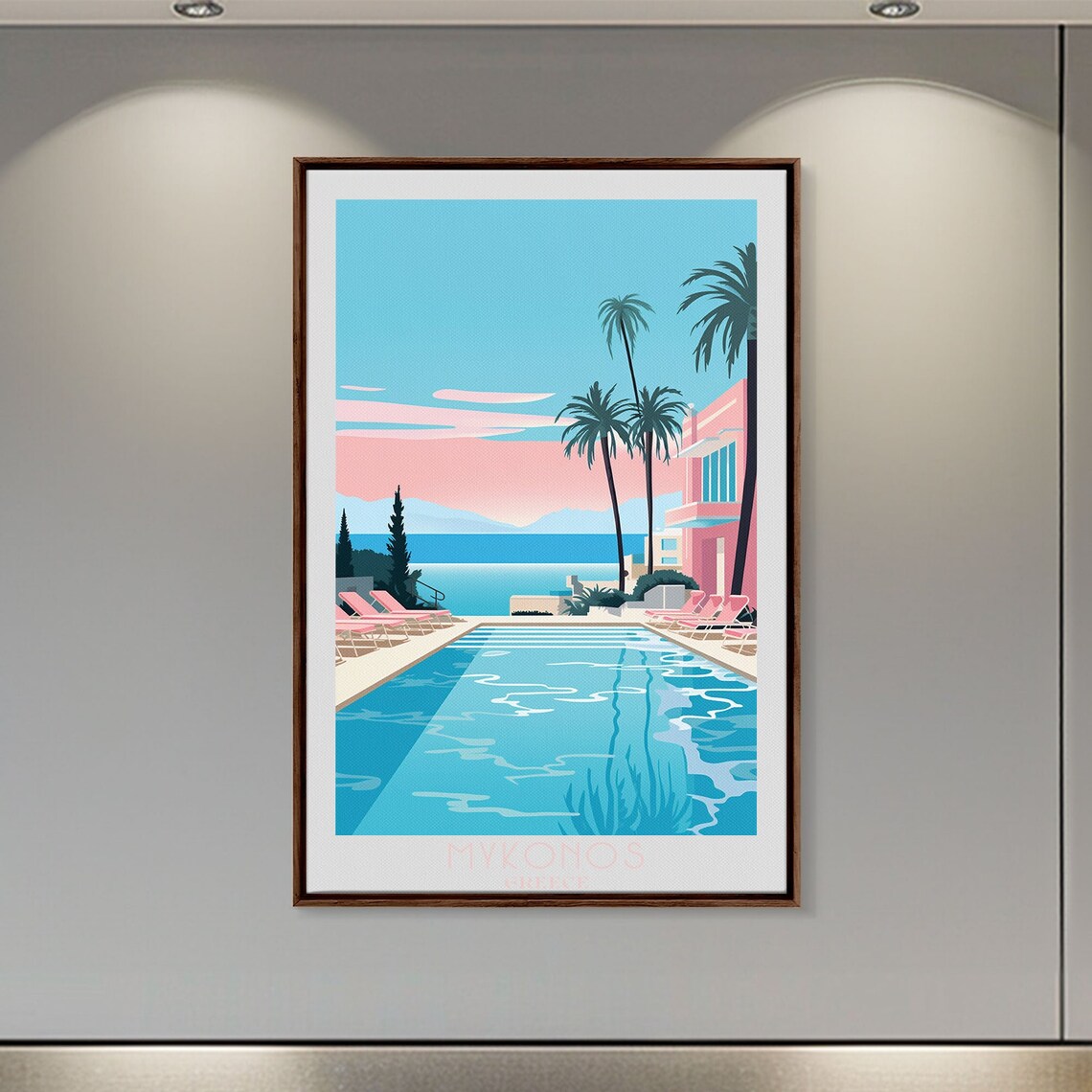 Mykonos Greece Poolside Palm Trees Pink Sunset Sea View Poster - Image 4