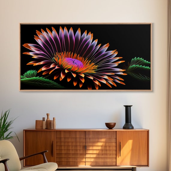 Neon Flowers Wall Art Framed Print Original Flower Painting Mothers Day Gift Floral Decor Black Background Flower Art