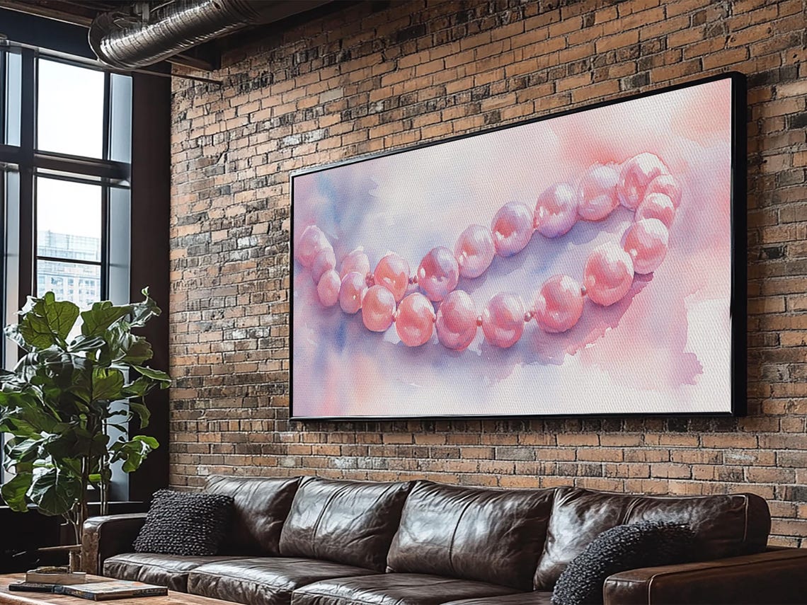 Pink Pearl Necklace Wide Horizontal Soft Watercolor Jewelry Wall Art - Image 2