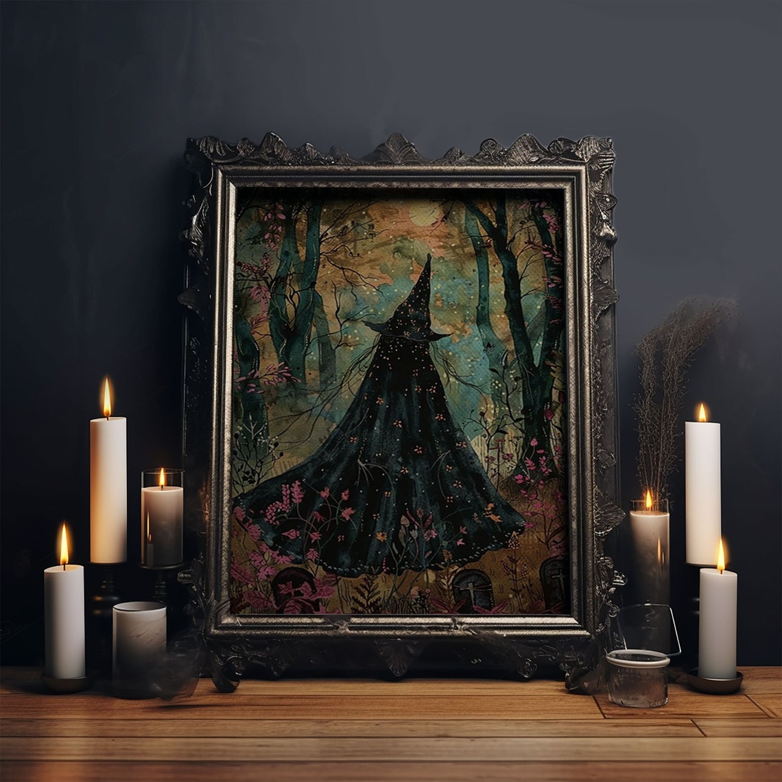 Witch Cloak Moonlit Autumn Forest Starry Night Watercolor Art Poster - Image 5