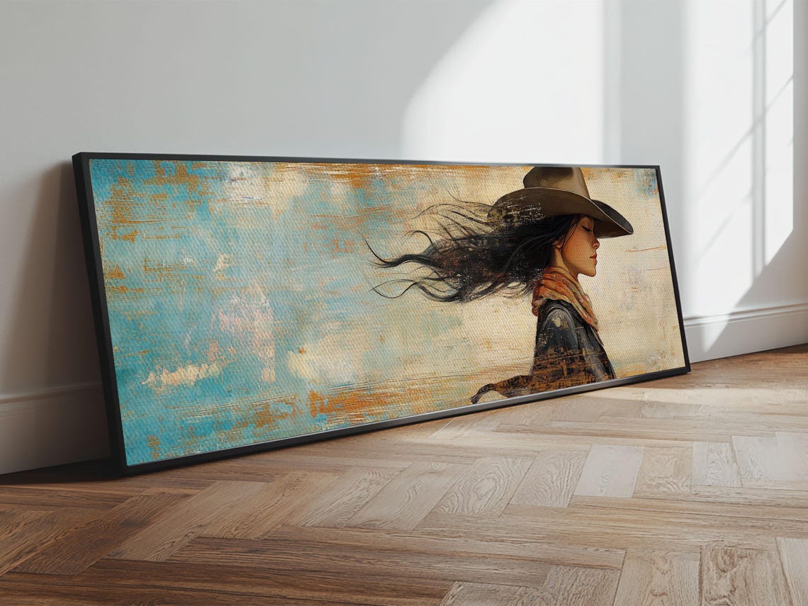 Cowgirl Portrait Flowing Hair Cowboy Hat Turquoise Sky Wall Poster - Image 4