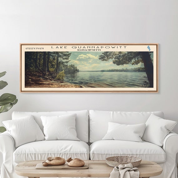 Lake Quannapowitt Massachusetts Framed Print Lake House Decor Panoramic Wall Art Travel Poster Landscape Painting Contemporary Art