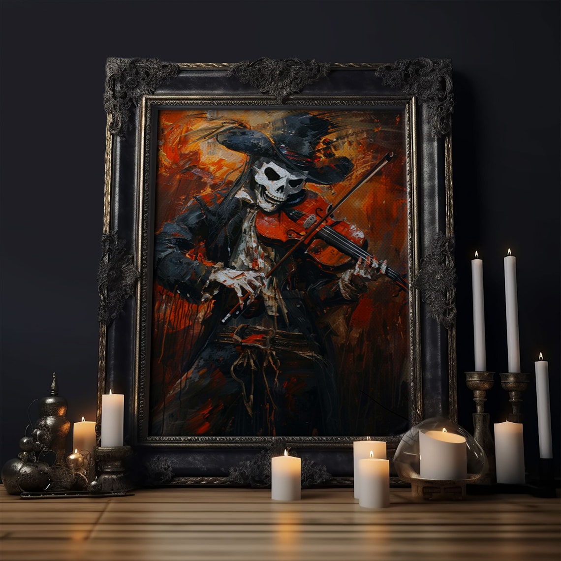 Skeleton Violinist In Top Hat Playing Against Fiery Night Poster