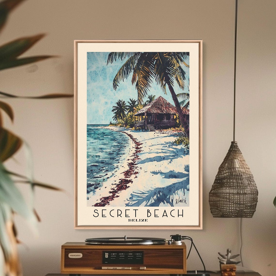 Secret Beach Belize Palm Thatch Hut White Sand Turquoise Water Poster - Image 3