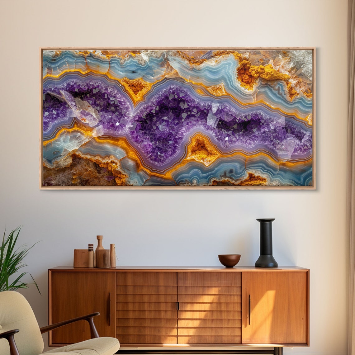 Purple Amethyst Geode Crystal Orange Banded Agate Stone Wall Art - Image 6