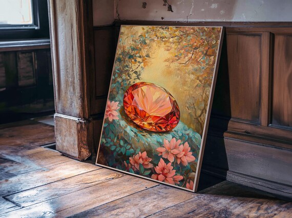 Red Gemstone Crystal Over Floral Garden Fantasy Wall Art Print