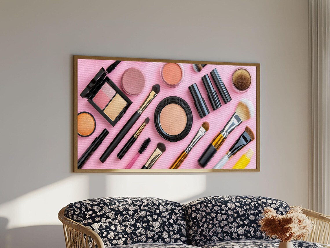 Makeup Brushes Cosmetics Flat Lay Pink Background Preppy Beauty Wall Art - Image 5