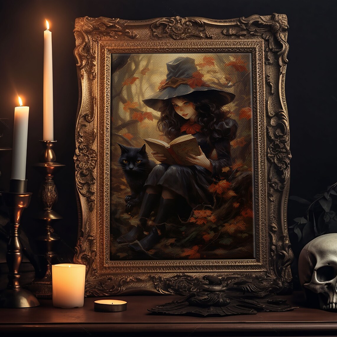 Cute Little Witch and Cat, Vintage Halloween Art Print - Image 5