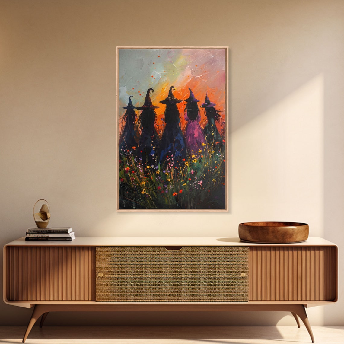 Five Witches Coven Sunset Silhouette Wildflowers Painterly Art Poster - Image 3
