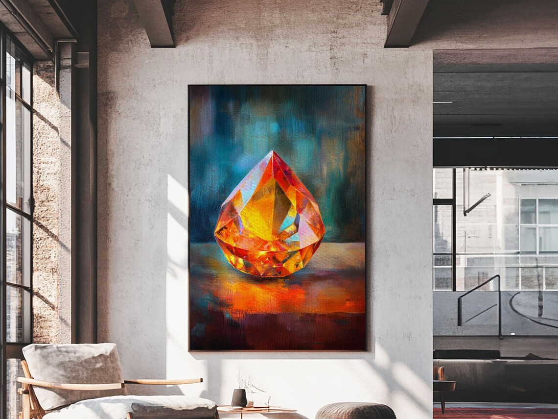 Red Gemstone Faceted Jewel Painting Teal Background Precious Stone Wall Art - Image 4
