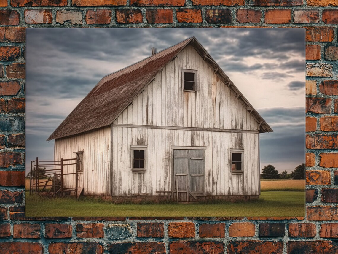 Rustic Farmhouse White Barn Landscape Art Print - Image 5