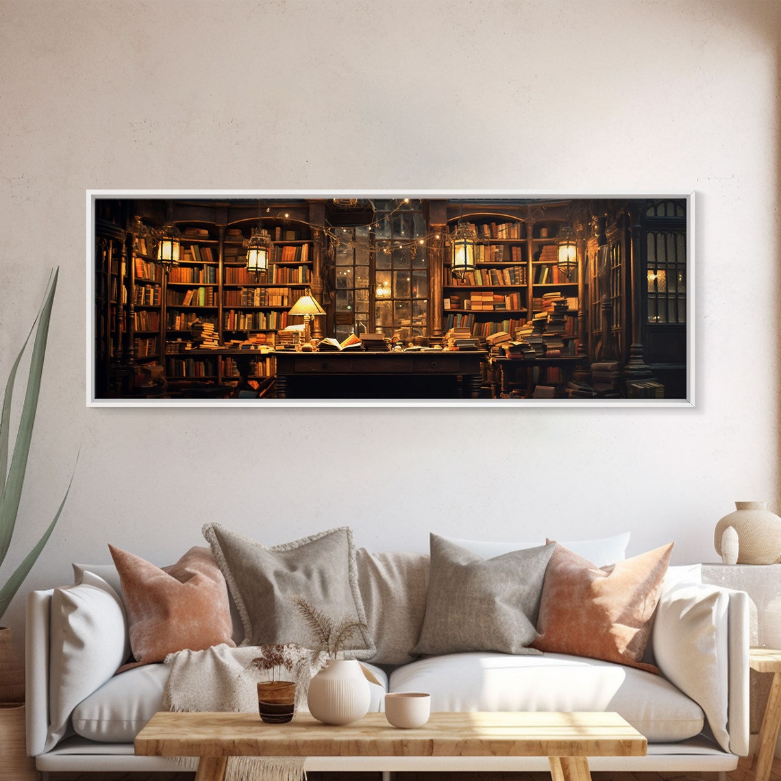 Cozy Old Library Interior Warm Lanterns Bookshelf Moody Wall Art - Image 5