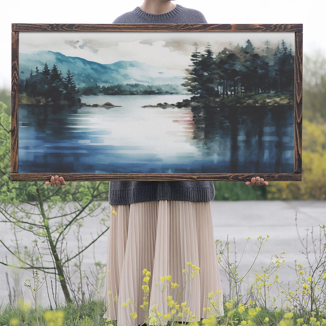 Subdued Lake Watercolor Pine Islands Misty Mountains Serene Wall Print - Image 2